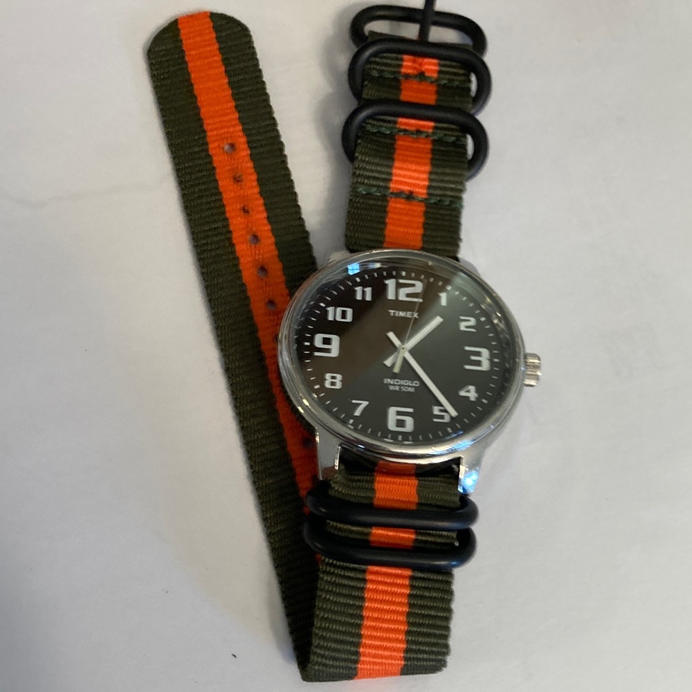Timex Indiglo watch, black dial, new olive green and orange striped nato strap - Picture 3 of 11